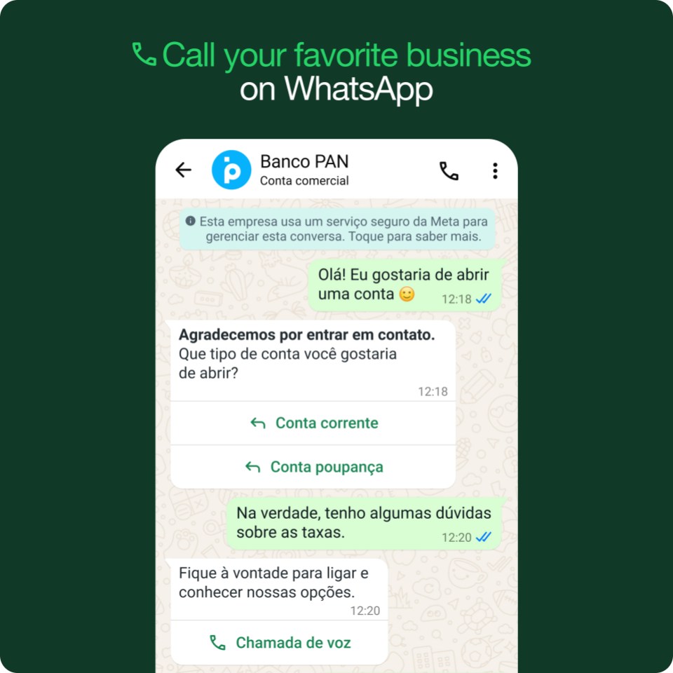 A phone screen showing you how to call your favorite businesses using WhatsApp.