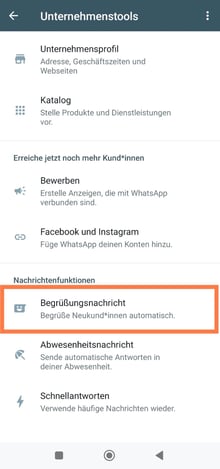 Begrüßungsnachricht antippen menü