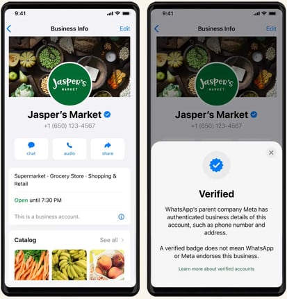 Meta Verified blue tick for WhatsApp Business, example