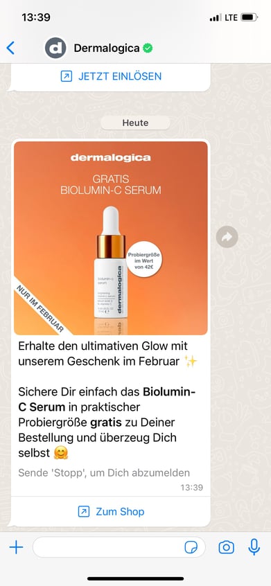 Dermalogica WhatsApp marketing campaign offer