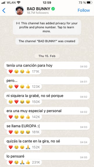 Phone screenshot showing Bad Bunny's WhatsApp Channel