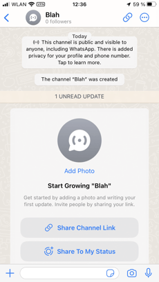 Phone screenshot showing WhatsApp channel has been created, now do your first post