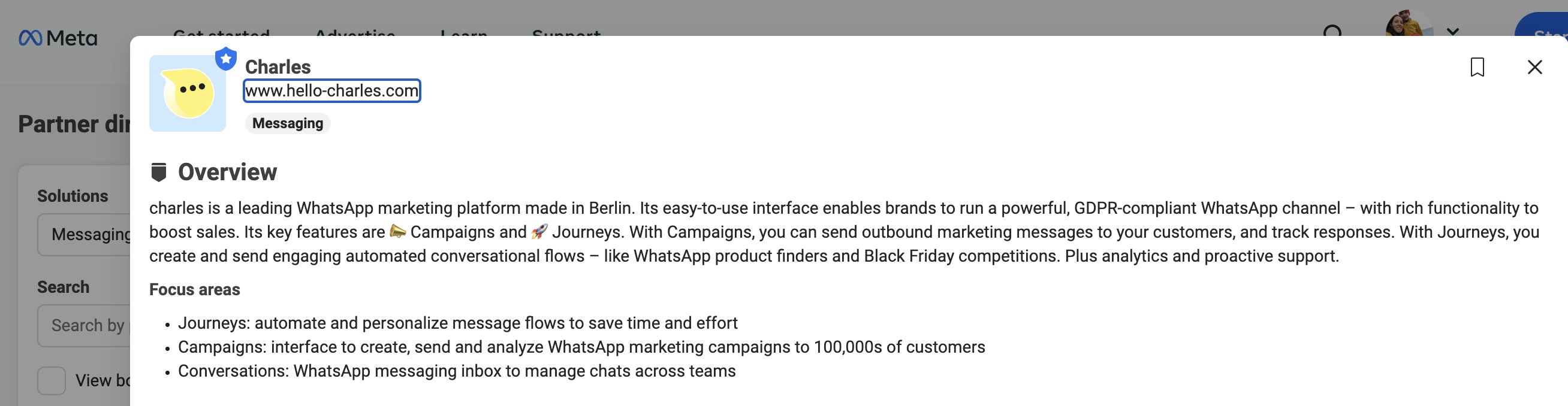 Screenshot charles Meta Partner directory